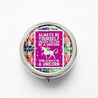 RhyNSky Quote - Always Be A Unicorn Mini Portable Pocket Pill Box Case Holder for Purse, 3 Compartments, Silvery, C207