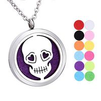 tornado Skull Head Aromatherapy Essential Oil Diffuser Necklace Stainless Steel Round Locket Pendant 24" Chain,12 Refill Pads