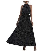 Sunhusing Ladies Sexy Halter Ribbon Bowknot Belt Lace-Up Sleeveless Polka Dot Printed Beach Long Dress(Black,XL)