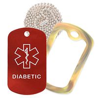 Diabetic Medical Alert ID Necklace with Red Tag, Camo Forest Silencer, and 30'' USA Chain - 154 Color Choices