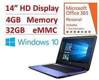 HP 14" Laptop PC Intel N3060 Dual Core 1.6 Ghz turbo up to 2.48GHz, 4GB RAM, 32GB eMMC, free 1-yr Office 365, DTS Studio, 802.11bgn WiFI, HDMI/VGA, HD Webcam, USB 3.0, 10/100 Ethernet, Windows 10