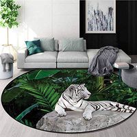 RUGSMAT Safari Machine Washable Round Bath Mat,White Tiger in Jungle Coffee Table Mat Non-Skid Living Room Carpet Diameter-51