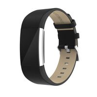 Kanzd Shiny Leather Wristband with Metal Connectors for Fitbit Charge 2 (Black)