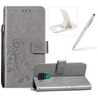 Grey Leather Case for Huawei Mate 30 Lite,Strap Wallet Flip Cover for Huawei Mate 30 Lite,Herzzer Classic Pretty Four Leaf Clover Print Magnetic Card Slots Stand Folio Case with Soft TPU