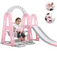 Mefedcy Toddler Climber and Slide Swing Set,3 in 1 Climber Slide Playset w/Basketball Hoop,Easy Climb Stairs, Small Kids Multifunctional Toys for Both Indoors & Backyard (Pink)