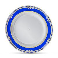 [20 Count - 9" Plates] Laura Stein Designer Tableware Premium Heavyweight Plastic White Lunch Plate With Blue & Gold Border Plastic Party & Wedding Plate Cobalt Blue Series Disposable Dishes