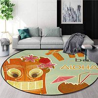 Tiki Bar Computer Chair Floor Mat,Invitation To Tiki Bar Old Fashion Display Coconut Drink Mask And Flowers Print Printed Round Carpet For Children Bedroom Play Tent Diameter-24 Inch,Multicolor