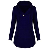 ✔ Hypothesis_X ☎ Women's Long Sleeve Button V-Neck Pullover Hooded Sweatshirt with Pocket Blouse Blue