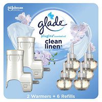Glade PlugIns Refills Air Freshener Starter Kit, Scented Oil for Home and Bathroom, Clean Linen, 4.02 Fl Oz, 2 Warmers + 6 Refills