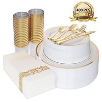 Landlot Quality Disposable Plates Plastic Party Events Occasions Dinnerware Wedding Birthday Premium Dinner Tableware Shower Buffets White with Gold Silverware 400 Pack