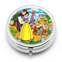 DISNEY COLLECTION Pill Box 3 Compartment Snow White and The Prince and The Seven Dwarfs Round Metal Silver Button Medicine Organizer Box Convenient Jewelry Box Vitamin Fish Oil Supplement Gift