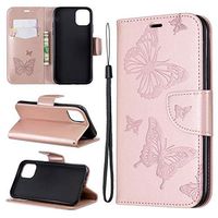 Cfrau Wallet Case with Black Stylus for iPhone 11 6.1" 2019,Pretty 3D Butterflies Embossed Magnetic Flip PU Leather Card Slots Kickstand Wrist Strap Case for iPhone 11 6.1" 2019 - Rose Gold