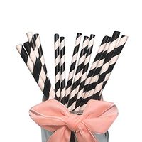 Black Stripes Paper Drinking Straws Party Dectorations, Retro Black Striped Paper Cocktail Pajitas （100pcs）