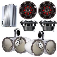 Marine Speaker Package 4X Kicker KM654LCW 6.5" LED Light Marine Boat Audio Speakers Bundle Combo with 2X Kicker KMTEDW Dual Wakeboard Tower Enclosures + Waterproof Bluetooth 400 Watt Amplifier