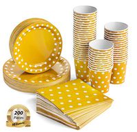 200 Pcs Serves 50, Gold Party Supplies Set | Strong | No Flimsy Plates Or Leaky Cups | Polka Dot Disposable Paper Dinnerware | Includes Dinner Plates, Dessert Plates, Cups & 3-Ply Napkins