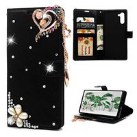 Mavis's Diary Samsung Galaxy Note 10 Case, Premium PU Leather Flip Protective Cover D Handmade Bling Diamonds Embossed Floral Butterflies Wallet Case [Folio Style][Stand Feature] Card Case, Black