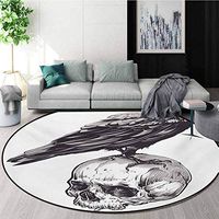 RUGSMAT Scary Small Round Rug Carpet,Scary Movies Theme Crow Bird Sitting On A Human Old Skull Sketchy Image Door Mat Indoors Bathroom Mats Non Slip,Diameter-51 Inch Charcoal Grey White