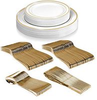 25 Guest Disposable Gold Party Dinnerware Set | Heavy Duty Plastic Plates & Silverware | Wedding Tableware set includes 50 Forks, 25 Spoons, 25 Knives, 25 Dinner Plates, 25 Dessert Plates (150 pieces)