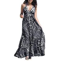 Woman Sexy Leopard Maxi Dresses Spaghetti Strap Halter Dresses V Neck Backless Long Swing Holiday Beach Dresses (Gray, Medium)