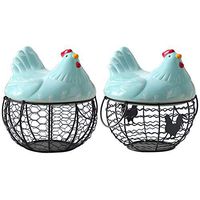 CURE SECRET Chicken Egg Basket Black Metal Mesh Wire Egg Storage Basket with Ceramic Lid and Handles