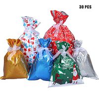 RICHEN 30pcs Christmas Gift Wrapping Bags Holiday Treats Bags Christmas Party Favor Pouch Goody Bags in 3 Sizes and 6 Different Styles with Ribbon Ties (Christmas Element, 6 Styles)