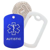 Autistic Medical Alert ID Necklace with Blue Tag, Clear Silencer, and 30'' USA Chain - 154 Color Choices