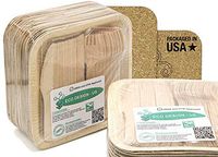 Party Pack of 150 Eco-Friendly Dinnerware - 50 Disposable 8" Square Palm Leaf Plates, 50 Wood Forks, 50 Wood Knives
