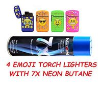 1 Cans NEON 7X Butane Refill Fuel Fluid Lighter Ultra Refined 10.14 oz and Emoji Torch Lighter Adjustable Flame Windproof Butane Refillable 4 Pack