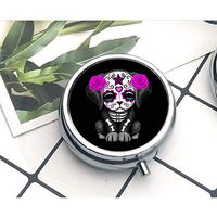 Cute Purple Day of The Dead Puppy Dog Black Classic Custom Personalized Silver Round Pill Box Wallet Travel Kit Vitamin Decorative Box Protection Box