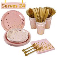 Pink Gold Party Supplies Disposable Tableware - Paper Dinnerware, Paper Plates, Cutlery, Napkins, Cups, Cutlery (Spoons, Forks, Knives) for Wedding, Girl birthday party, Baby Shower, Serves 24