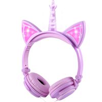 Unicorn Headphones for Girls, Cute On-Ear Kids Headphones with Growing Lights, Foldable and Adjustable Cat Ear Safe Wired Kids Headsets for Cosplay/Dance/Party/Birthday Gifts (Purple+ Pink)