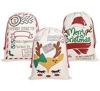 PIXHOTUL 3 Pack Santa Sacks Cotton Christmas Bag Large Drawstring Xmas Gift Sack 27.5" x 19.5" (Pattern E)