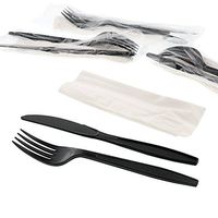 AmerCare Three Piece Meal Kit with 13 x 17 Napkin, and Black Heavy Weight Fork and Knife, Case of 500