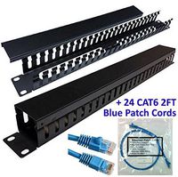 25 Slot Cable Manager 1U Server Rack Wire Management System (Small Slots) + 24 Booted CAT6 Cert. Patch Cords 2FT Blue | Cable Manager Kit
