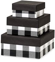 Made in USA Recycled Paper Kraft Boxes – 3.25”, 4.25” & 5.25” – Nested Squared Boxes with Lids (Small Set of 3 - Black Buffalo Plaid)