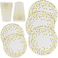 Gold Dot Disposable Paper Plates and Cups Set For 100 Guest Golden Metallic Foil Dots On White 100 Dinner Plates 100 Dessert Plate 100 9 Oz Cup For Holiday Baby Shower Wedding Birthday Party Supplies
