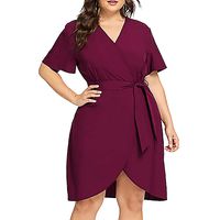 Goddessvan Women's Plus Size Dresses-Summer V-Neck Solid Loose Casual Cold Shoulder Wrap Dress (XL, Red)