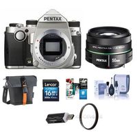 Pentax KP 24MP TTL Autofocus DSLR Camera Silver SMCP-DA 50mm f/1.8 Standard Lens - Bundle with 16GB SDHC Card, Holster Bag, Cleaning Kit, 52mm UV Filter, Card Reader, Software Package