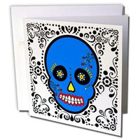 3dRose Day of The Dead Skull Blue White Black - Greeting Cards, 6 x 6", Set of 6 (gc_28874_1)