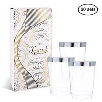 Tomnk Silver Plastic Cups 10oz Silver Rimmed Plastic Clear Hard Disposable Cups for Wedding Birthday Party (60)