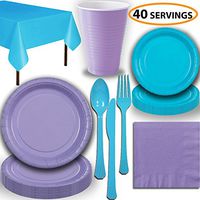 Disposable Party Supplies, Serves 40 - Lavender and Turquoise - Large and Small Paper Plates, 12 oz Plastic Cups, Heavyweight Cutlery, Napkins, and Tablecloths. Full Two-Tone Tableware Set