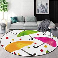 RUGSMAT Colorful Modern Washable Round Bath Mat,Several Sized Umbrella Motif with Leaf Droplets Water Climate Security Design Non-Slip Bathroom Soft Floor Mat Home Decor,Diameter-39 Inch