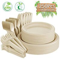 Compostable Paper Plates 250 Pcs Disposable Dinnerware Set Heavy-Duty Quality Natural Bagasse Made of Sugar Cane Fibers Biodegradable Plates and Cutlery for Party, BBQ, Picnic(Natural)