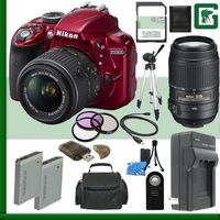 Nikon D3300 CMOS DSLR Camera Bundle with 18-55mm VR II Lens, Nikon 55-300mm f/4.5-5.6G ED VR AF-S DX Lens, 16GB Memory Card and  Accessories (16 Items), Red