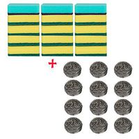 Miao Jie Dish Scourers Scrubbers Set-15 Count Heavy Duty Scrub Sponges Plus 12 Count Stainless Steel Scourers-Cleaning Sponges and Pot Scourers Wool Scrubbers Set for Kitchen and Bathroom Cleaning