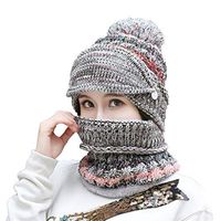 Theoylos Womens Winter Knit Hat Scarf Mask 3PCS Ladies Fashion Thick Warm Ski Cap Plus Velvet Cycling Ear Warm Hat Gray
