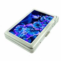 Blue Butterfly Flower Em3 Hip Silver Cigarette Case With Built In Lighter 4.75" X 2.75" Id Holder Metal Wallet RFID Protection