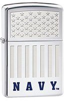 Engraved American Flag with NAVY Logo Polished Chrome Zippo Lighter