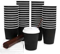 Galashield 12 Oz Disposable Coffee Cups with Lids 50 Pack Hot Paper Ripple Cup with Stirring Straws and Napkins