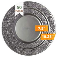 Party Joy 50-Piece Plastic Dinnerware Set | Lace Collection | (25) Dinner Plates & (25) Salad Plates | Heavy Duty Premium Plastic Plates for Wedding, Parties, Camping & More (Grey)